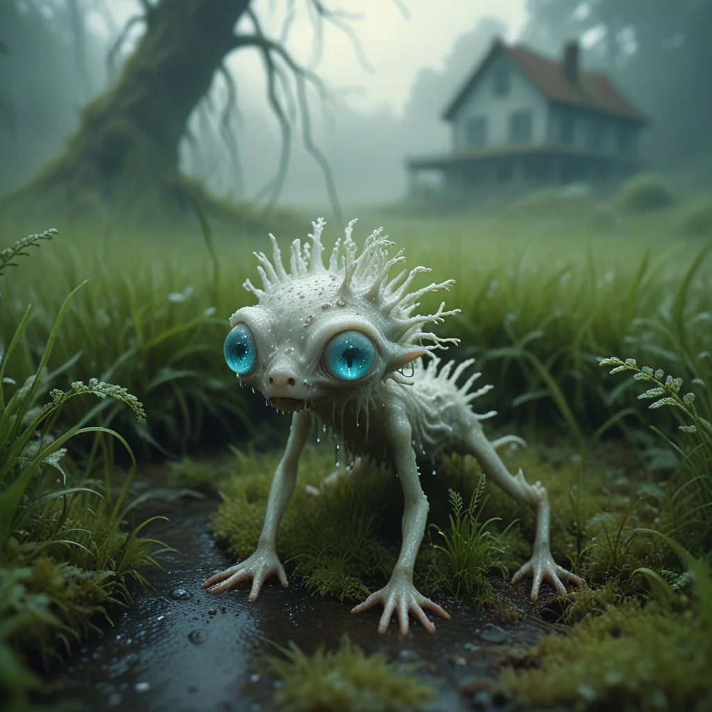 white PXDlichenmutant, wet, lurking in green grass, amazing nature, natural lighting, big leaf, analog photo, detailed 4k, creepy creature, moss, stream, water, intricate image details, rainbow shine, dripping water, haze, fog, blue eyes,