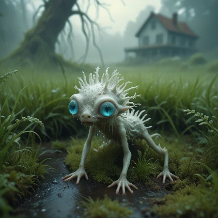 white PXDlichenmutant, wet, lurking in green grass, amazing nature, natural lighting, big leaf, analog photo, detailed 4k, creepy creature, moss, stream, water, intricate image details, rainbow shine, dripping water, haze, fog, blue eyes,