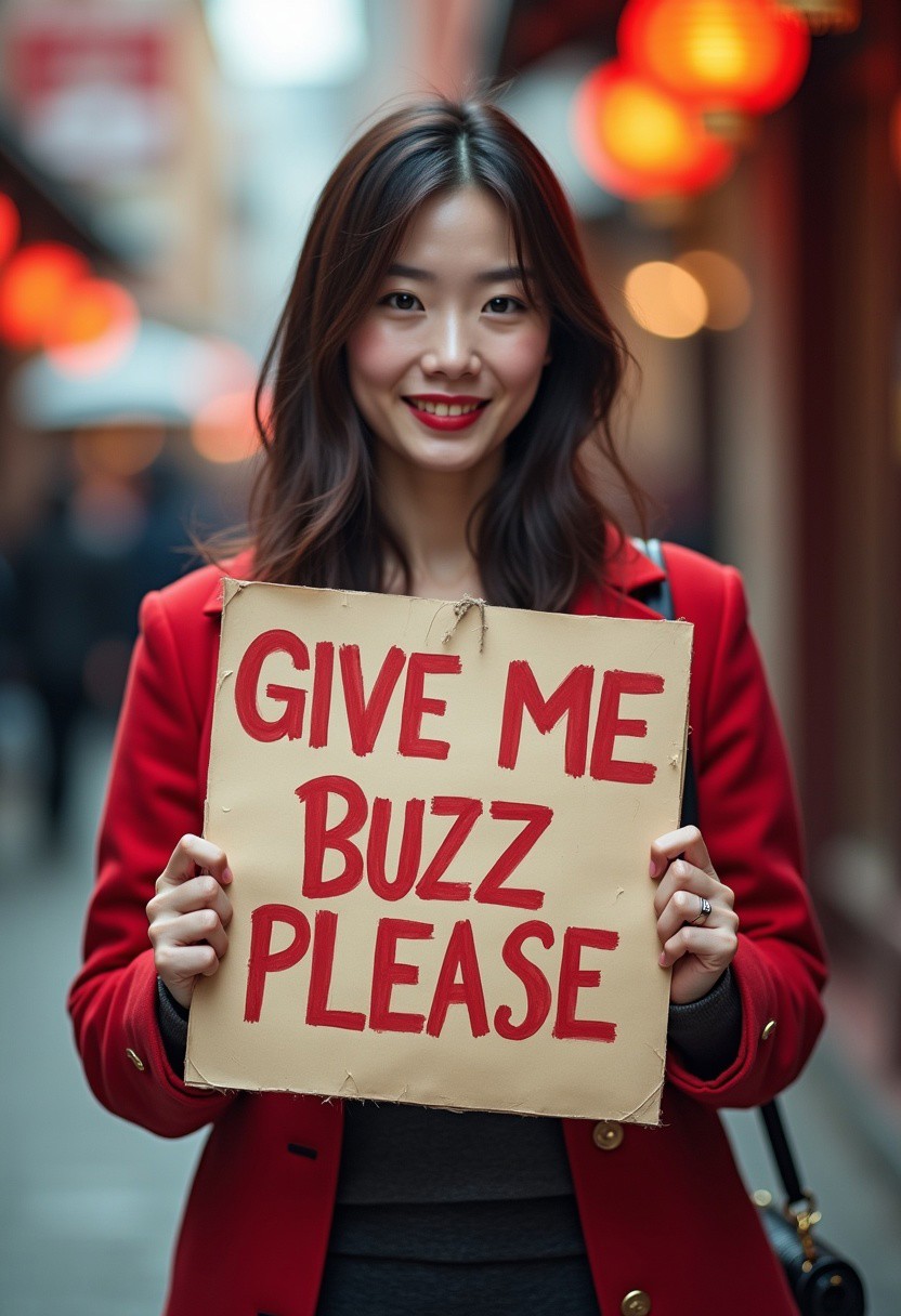 chinese woman holding a sign it says "give me buzz please"