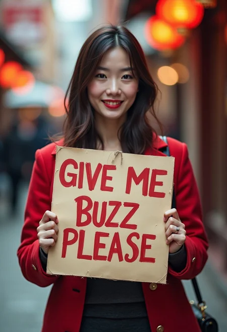 chinese woman holding a sign it says "give me buzz please"