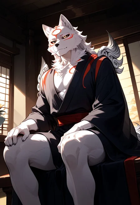 score_9_up, score_8_up, score_7_up, masterpiece, best quality, amazing quality, very aesthetic, absurdres, newest, high quality, detailed, male, solo male, Amaterasu, 1boy, mature male, male, wolf, white fur, red markings on face, red markings, anthro, athletic build, broad shoulders, animal ears, black sclera, yellow eyes, black and red robe, volumetric lighting, beautiful, indoors, black and white robe, dutch angle, thick thighs, scenic, Expressiveh, indoors, sitting cross legged, Japanese interior, sitting