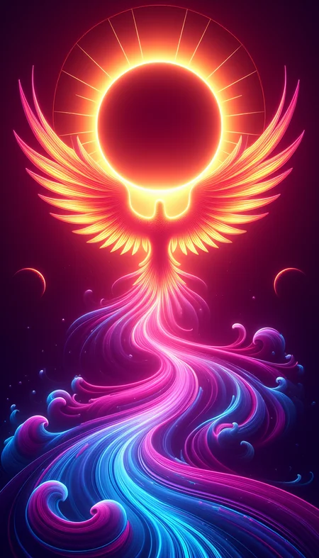 Depict a radiant eclipse, where the sun is half-decayed, melting into flowing cosmic rivers. From the eclipse emerges a glowing phoenix, its wings patterned with shifting neon fractals, symbolizing rebirth. Surround the eclipse with abstract, swirling energies in shades of neon red, purple, and blue, evoking a hypnotic, dreamlike quality thatâs perfect for a rave atmosphere. psydreamer