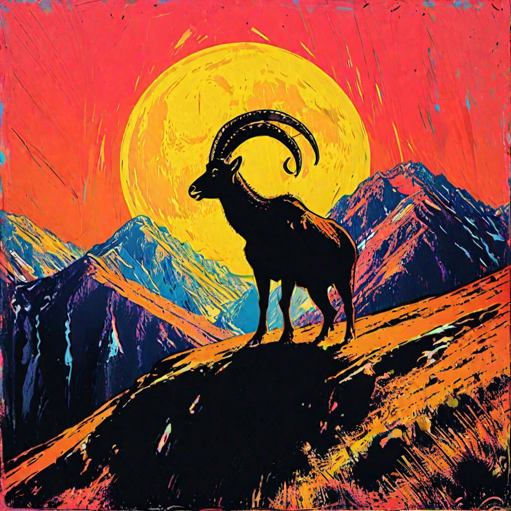 impactful color paint of, 1 walia ibex standing on top of a cliff under 1 white moon, black silhouette against white moon, black cliff, black  sky, highly detailed, vibrant colors, 8k, sharp, professional, clear, high contrast, high saturated, vivid deep blacks, crystal clear
