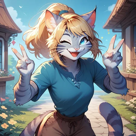 Score_9, Score_8_up, Score_7_up, Anthro, feline. Kat, Standing, blue eyes, blonde hair, ponytail, playful pose, whiskers, :3, smiling, happy, outdoors, wearing blue tunic, brown shorts, winking, peace sign
