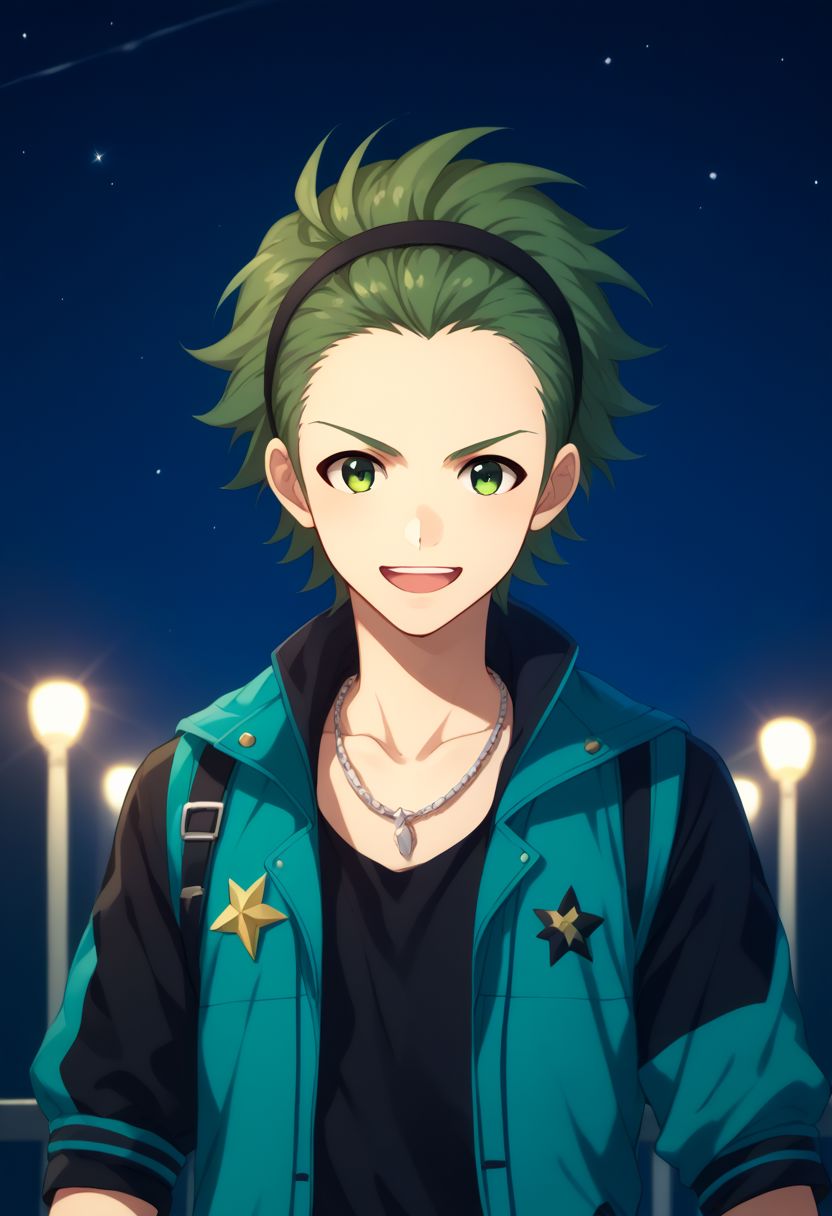 score_9, score_8_up, score_7_up, source_anime, highly detailed, 
mitarai, 1boy, male focus, green hair, green eyes, solo, fingerless gloves, gloves, smile, jewelry, open mouth, necklace,
hairband, sleeveless, shirt, jacket, upper body,
blue blackground, stars (symbol), lights,