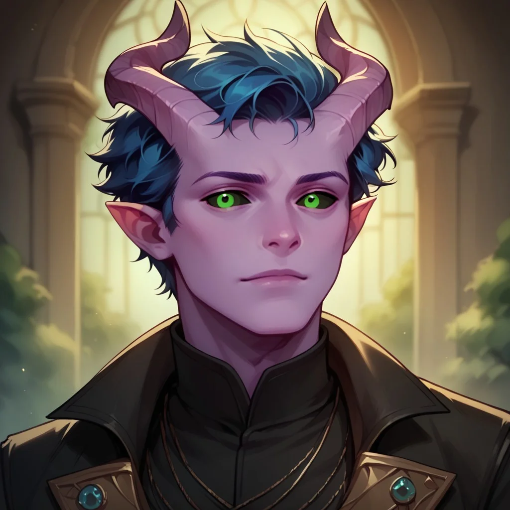 (((detailed, beautiful, high quality))), score_9, score_8_up, score_7_up, upper body, solo, 
tiefling, pointed ears, horns, tail, black sclera,
1 male, purple skin, green eyes, blue hair, short hair, curly hair, black cape, black shirt,
looking at the viewer, posing, 
fantasy background, blurred background,