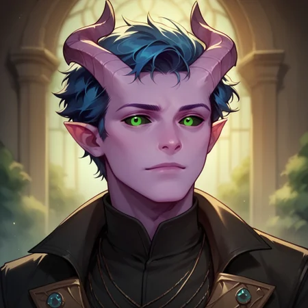 (((detailed, beautiful, high quality))), score_9, score_8_up, score_7_up, upper body, solo, 
tiefling, pointed ears, horns, tail, black sclera,
1 male, purple skin, green eyes, blue hair, short hair, curly hair, black cape, black shirt,
looking at the viewer, posing, 
fantasy background, blurred background,