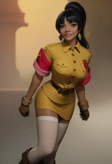(score_9, score_8_up, score_7_up), score_6_up, best quality, masterpiece, extreme detail, perfect lighting, 4k, 2d, rating_explicit, nsfw, very detailed, best quality, highly detailed texture, depth of field, masterpiece, BREAK, 1girl, ChelXLP, chel, majestic,beautiful bright pupils, black hair, ((ponytail)),green earrings, cute face, (gorgeous face:1.3), (skin detail:1.3), (shadows:1.3),  large breasts,
((( 
 yellow shirt, sleeves rolled up, red armband, brown gloves, brown belt, yellow pencil skirt, white thighhighs, brown boots
))),
 fantasy, solo focus,epic, concept art, realistic, highly detailed, looking at viewerdark skin, looking at the viewer, detailed, intricate details, realistic,((( zoomed out shot))), tan skin,csr style,g4n1m3,Sculpted grace