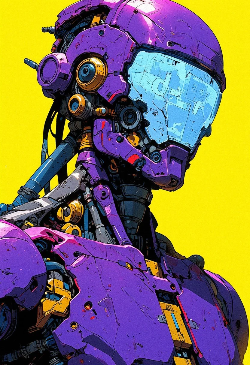 (A highly detailed) A futuristic android with a screen instead of a face that displays symbols "d_r". It has a purple body with metal and gold parts covered with scratches and wear marks. The background is a bright solid color (yellow, neon). The visual style is cyberpunk anime, Japanese manga, with sharp lines, rich colors and detailed mechanical parts