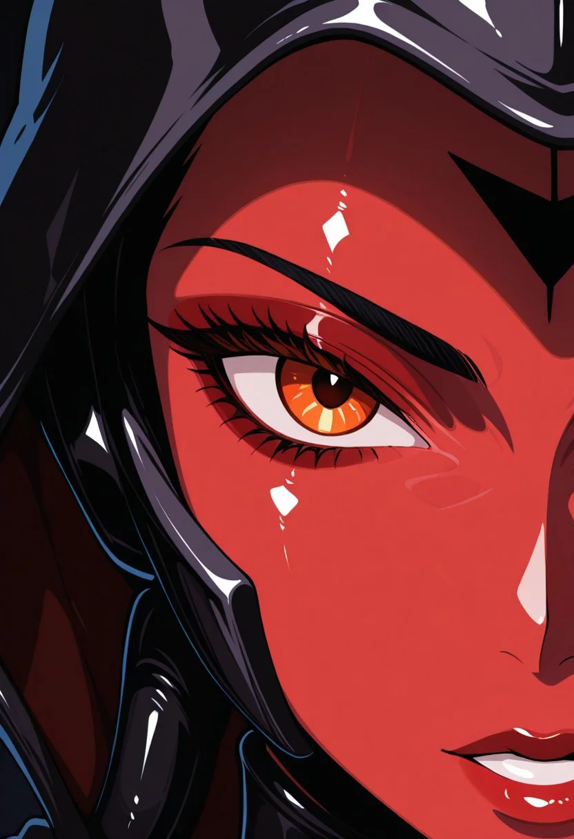 KawaiiStyleZ, masterpiece, hi-res, hdr, cell shade, embedding:IllusP0s,Darth Talon , red skin, orange eyes, (closeup:1.3) eye focus, contrast lighting, dark room, parted lips,None