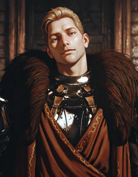 masterpiece, best quality, absurdres, newest, perfect quality, best quality, absolutely eye-catching, detailed background, intricate details, male focus, realistic, solo, <lora:Dragon Age - Cullen Rutherford - Illustrious:0.7> cullen_rutherford, brown eyes, fur-trimmed cloak, pauldrons, breastplate, shirt, upper body, head tilt, looking at viewer