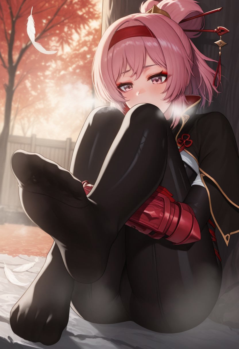 ayul,  outdoors, undershirt, falling feathers, black bodysuit, hair stick, hugging own legs, , gauntlets,   eyeshadow,   red gloves,  high ponytail,  , black capelet, red hairband, pink eyes, 1girl, solo, feet, visible breath,   dynamic angle, foreshortening, smell, steam,
