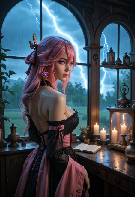 score_9, score_8_up, score_7_up, 1girl, cleavage, yae_miko, genshin_impact, pink_hair, purple_eyes, from behind, neon, rain, lightning, thunderstorm, photorealistic, 4lch3my_l4b.safetensors, <lora:4lch3my_l4b.safetensors:1.0>