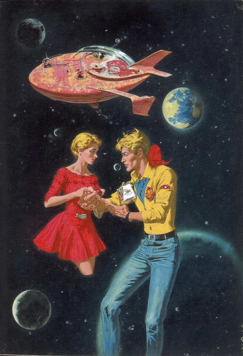 a couple in outer space exchanging valentines cards, an illustration, rogi, retro-futurism, space ship, cartoon,