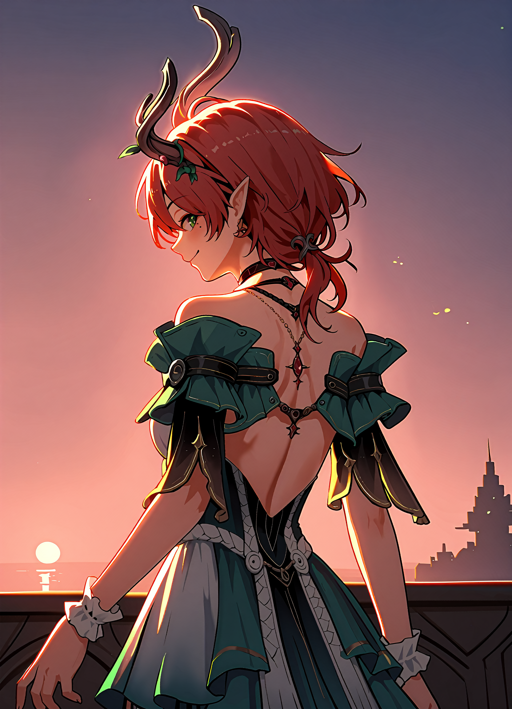 (score_9, score_8_up, score_7_up), 1girl, ciaccona, horns, choker, detached sleeves, wrist cuffs, from behind, looking back, smile, backlighting, sunset, <lora:ciaccona-wwPO-v1:0.9>