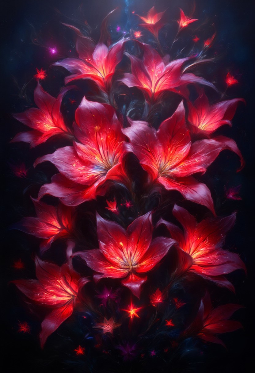 vibrant red spider lilies and glowing red butterflies against a pitch-black background Painterly,  surreal, vibrant glow, bokeh, 8k,