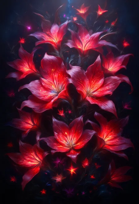 vibrant red spider lilies and glowing red butterflies against a pitch-black background Painterly, surreal, vibrant glow, bokeh, 8k,