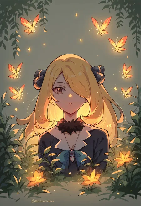score_9, score_8_up, score_7_up, score_6_up, <lora:c0l0urgl0wXLP:1> c0l0urgl0w, 1girl, Cynthia, long hair, green, plants, fireflies,