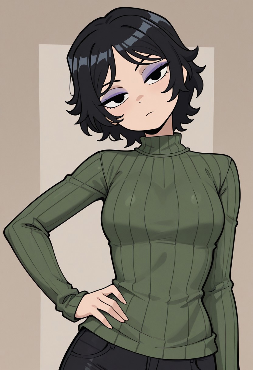 hollieh, 1girl, solo, hand on hip, looking at viewer, head tilt, black hair, short hair, eyeshadow, turtleneck sweater