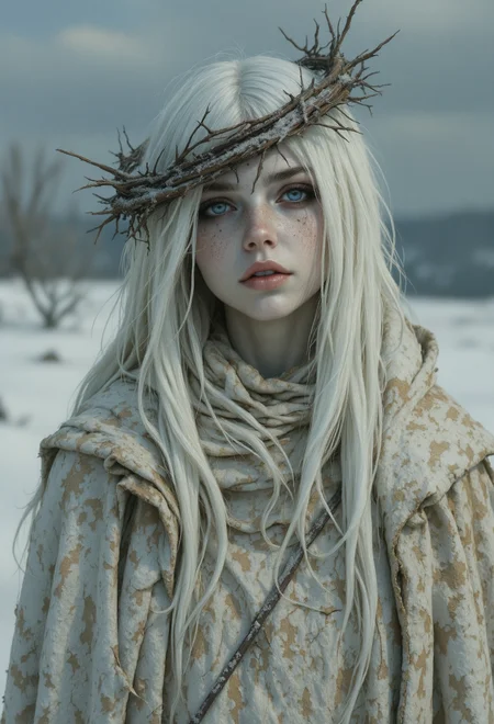 analog film photo Cinematic photo in the style of Zdzislaw Beksinski of Marzanna,medieval historical setting, a beautiful Polish goddess of winter and death,27yo, with ashen hair and a malevolent expression, wearing threadbare garments adorned with patches of ice and frost, cold deathly appearance, Her pale skin contrasts with a Crown of Thorns, and the scene is set against a winter field. The atmosphere is sinister yet enchanting, rendered in a photorealistic oil painting style with detailed textures and a cinematic feel.
masterpiece, highly detailed, ultra-aesthetic composition.
highly detailed background
35mm, realistic
. faded film, desaturated, 35mm photo, grainy, vignette, vintage, Kodachrome, Lomography, stained, highly detailed, found footage, <lora:aidmaFLuxPro1.1_v0.3:0.5> aidmafluxpro1.1 . <lora:OBååå®èåç»V2.0:0.6> obxiaoxiang <lora:FluxD3tailedP0rtraits:0.4>