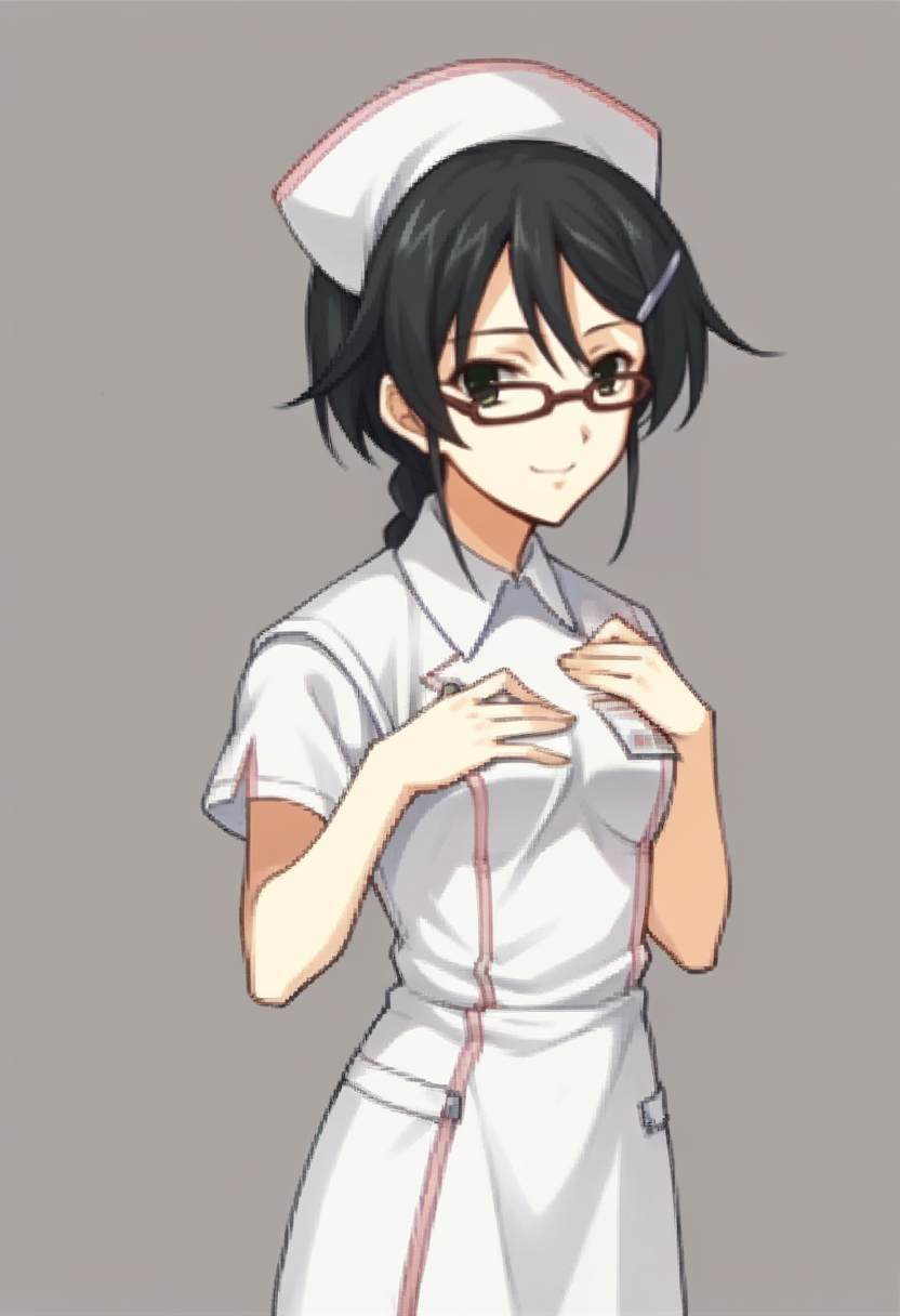 score_9, score_8_up, score_7_up, source_anime BREAK 1girl, solo,
<lora:zs_FEEchoesPortraitsXL:1> echoesportraits, cowboy shot,  solo, white background,
 <lora:hazukishino-ch-richy-v1_pdxl:1> hazukishino, green eyes, black hair, hairclip braid, glasses, nurse, nurse cap, nametag, white pantyhose, smile, hand on chest, plain background