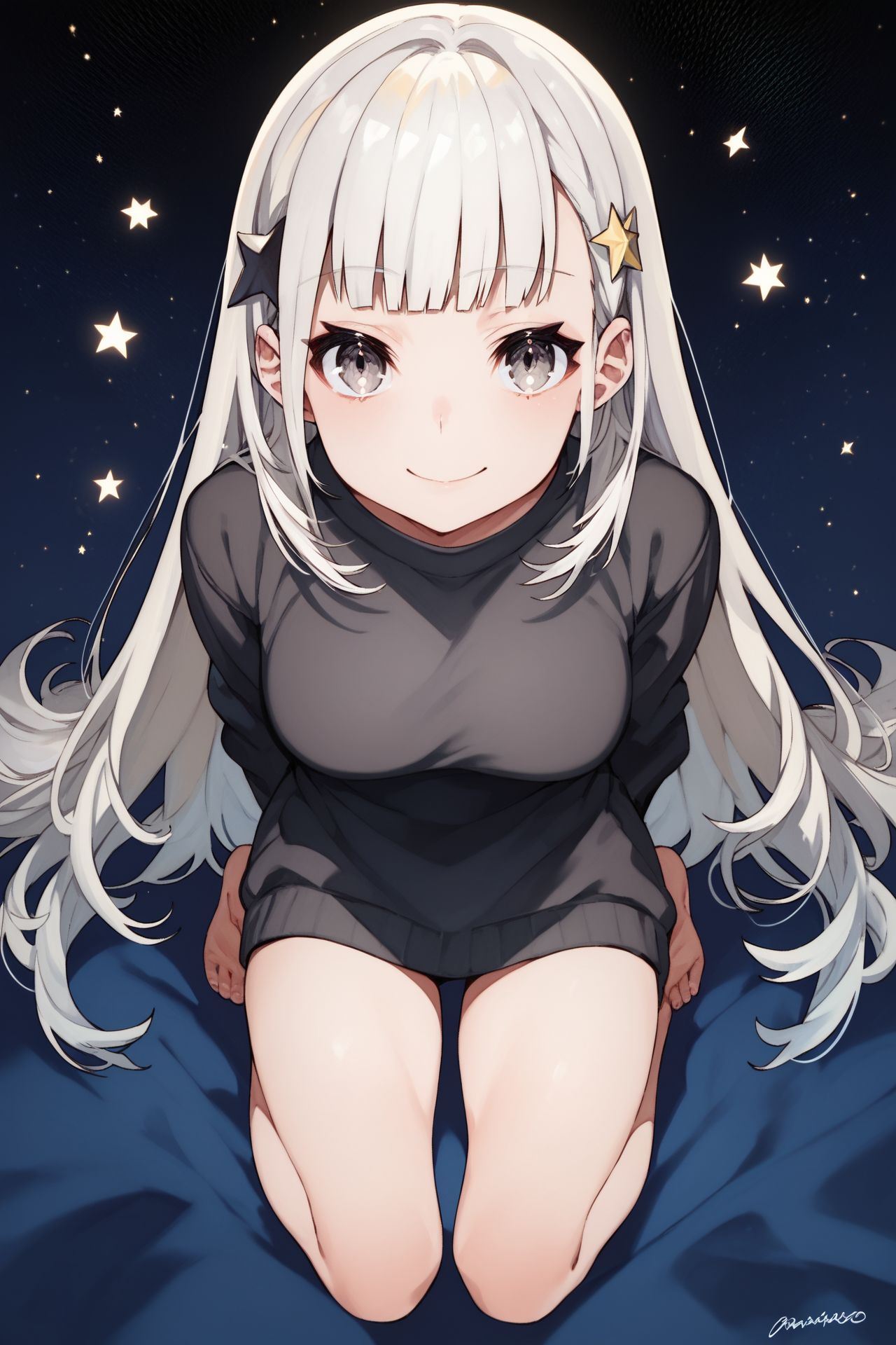 score_9, score_8_up, score_7_up, 1girl, looking at viewer, arms_behind_back, squinting eyes smile, light grey hair, multicolored hair, blunt bangs, hair ornament, grey eyes, breasts, black sweater, pov, full body, starry background, <lora:mika_pikazo_PonyXL_style_v01:1>