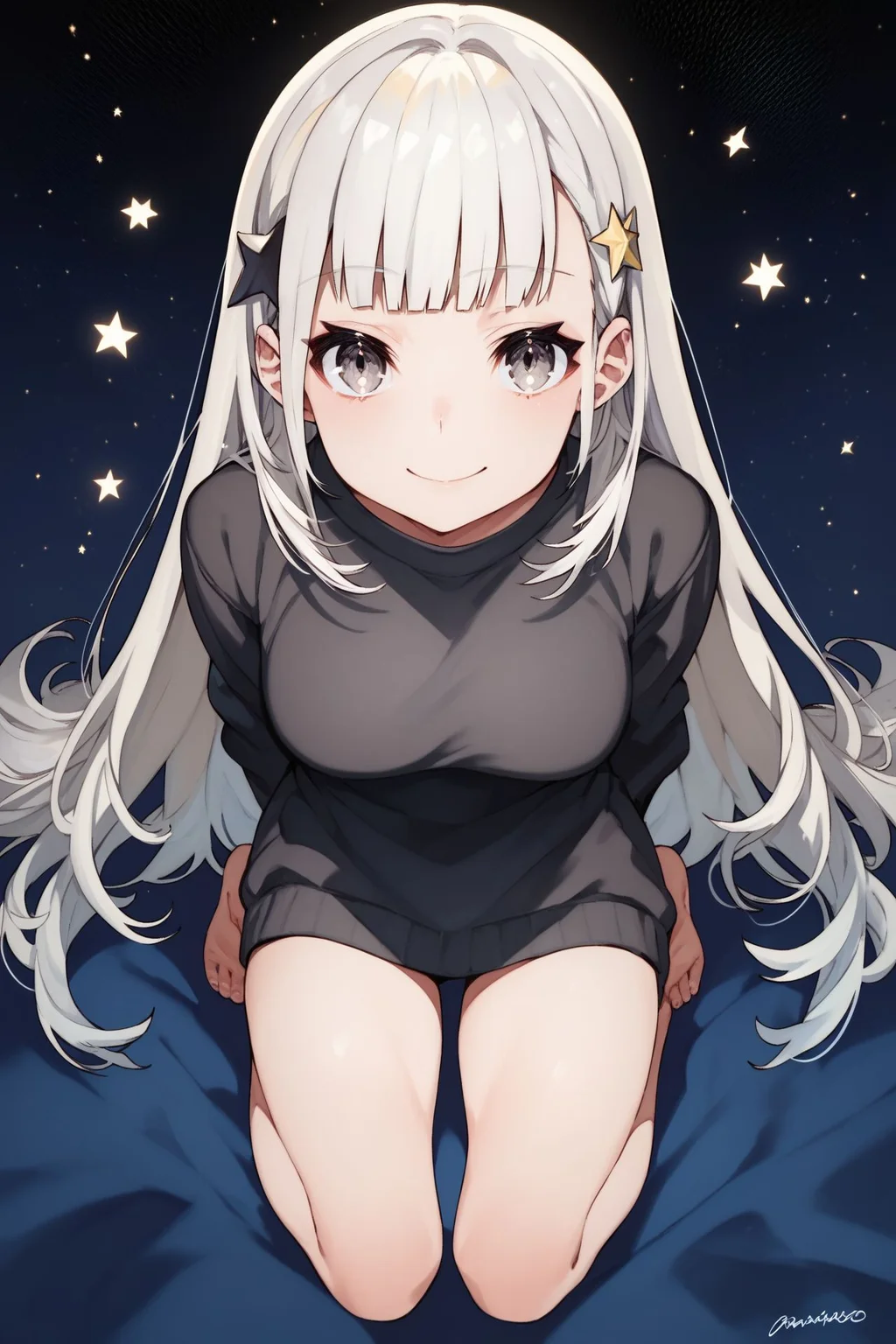 score_9, score_8_up, score_7_up, 1girl, looking at viewer, arms_behind_back, squinting eyes smile, light grey hair, multicolored hair, blunt bangs, hair ornament, grey eyes, breasts, black sweater, pov, full body, starry background, <lora:mika_pikazo_PonyXL_style_v01:1>