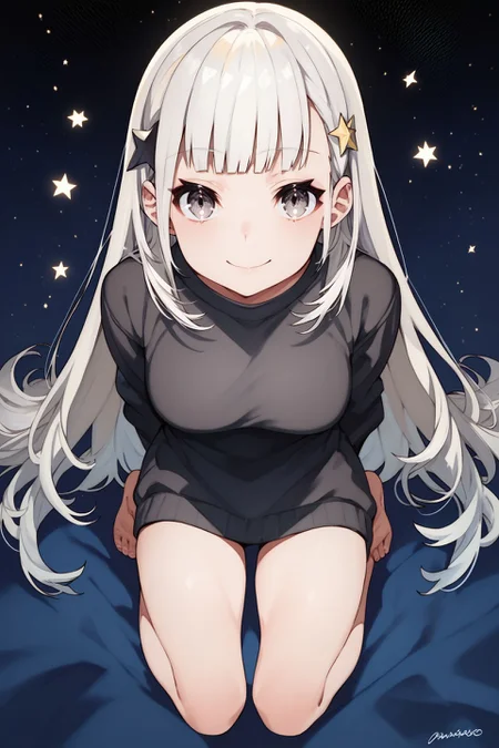 score_9, score_8_up, score_7_up, 1girl, looking at viewer, arms_behind_back, squinting eyes smile, light grey hair, multicolored hair, blunt bangs, hair ornament, grey eyes, breasts, black sweater, pov, full body, starry background, <lora:mika_pikazo_PonyXL_style_v01:1>