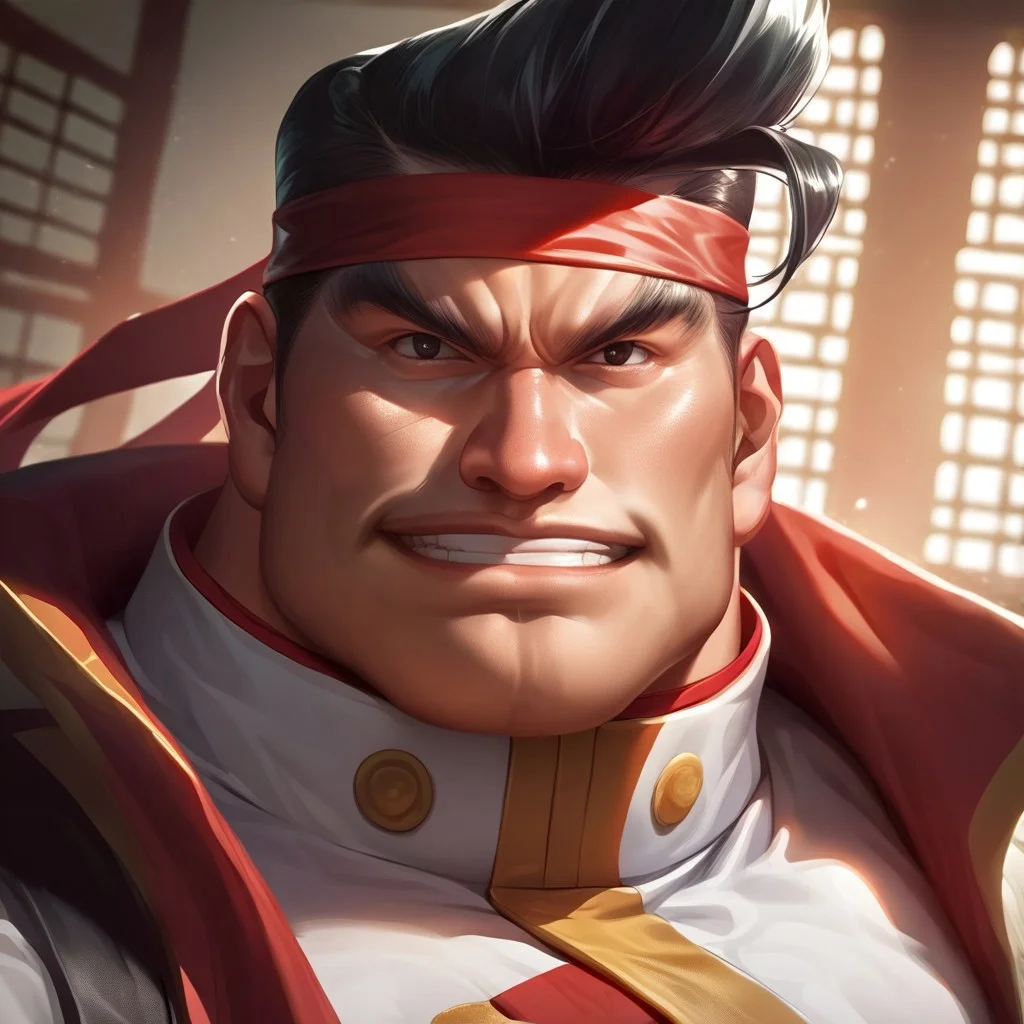 source_furry, source_explicit, source_anime, detailed background, (score_9, score_8_up, score_7_up), rating_explicit, zoroj, masterpiece, best quality, high quality, ultra detailed, highly detailed, high detail, artistic lighting, (highly detailed face, (perfect face, perfect eyes)), depth of field, perfect soft lighting, best shadows, perfect reflections, volumetric, detailed image, high resolution, defined faces, sharp definition,
solo, 1boy, male focus, Gong Strong, black eyes, black hair, pompadour, red nose, red headband,
dojo, dynamic poses, various poses, looking at viewer, smile, grin, medium shot,
