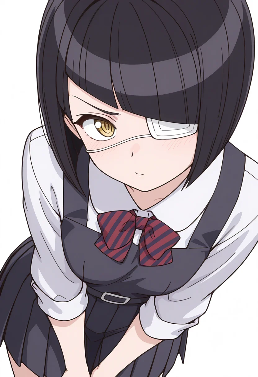 Smooth Quality,masterpiece,very intricate, high quality details, ultra realistic, high detailed skin,detailed enviorement,
simple background, white background,dynamic angle,@ @,
pleated skirt,,anorak, ,pinafore top, ,
jingai_modoki, <lora:Nakanaka_Omoharu_cnn:0.8> nakanakaomoharucnn, 1girl,black hair, short hair, bangs, bob cut, yellow eyes, eyepatch,