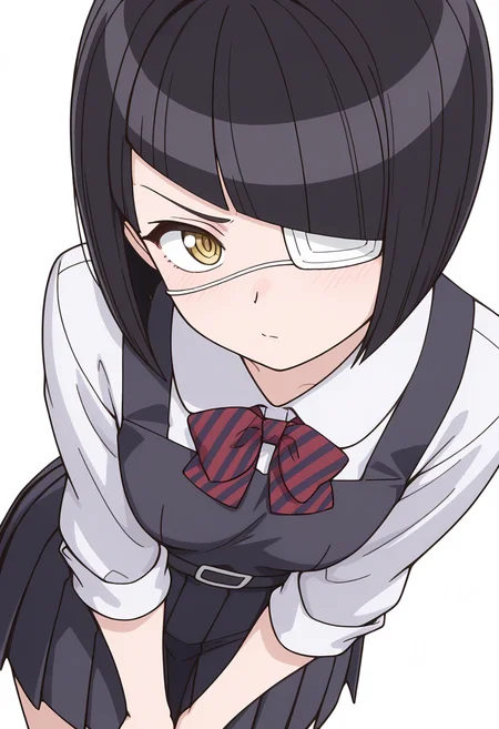Smooth Quality,masterpiece,very intricate, high quality details, ultra realistic, high detailed skin,detailed enviorement,
simple background, white background,dynamic angle,@ @,
pleated skirt,,anorak, ,pinafore top, ,
jingai_modoki, <lora:Nakanaka_Omoharu_cnn:0.8> nakanakaomoharucnn, 1girl,black hair, short hair, bangs, bob cut, yellow eyes, eyepatch,