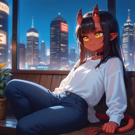score_9, score_8_up score_7_up, score_6, BREAK masterpiece, high quality, perfecteyes, detailed background, depth of field, SkinDetail, cinematic lighting, shading, meruccubus, 1girl, 2d, red tail, horns, demon tail, long hair, black hair, choker, yellow_eyes, freckles, colored skin, red skin, demon_girl, flat chest, black outline, looking outside window, closed mouth, bottle, relaxing, closed-up face, on side window, sitting window bench, long sleeves, white shirt, blue pants, shirt, indoors, building, interior, night sky, moon, city lights, city background, city theme, huge glass windows, smile