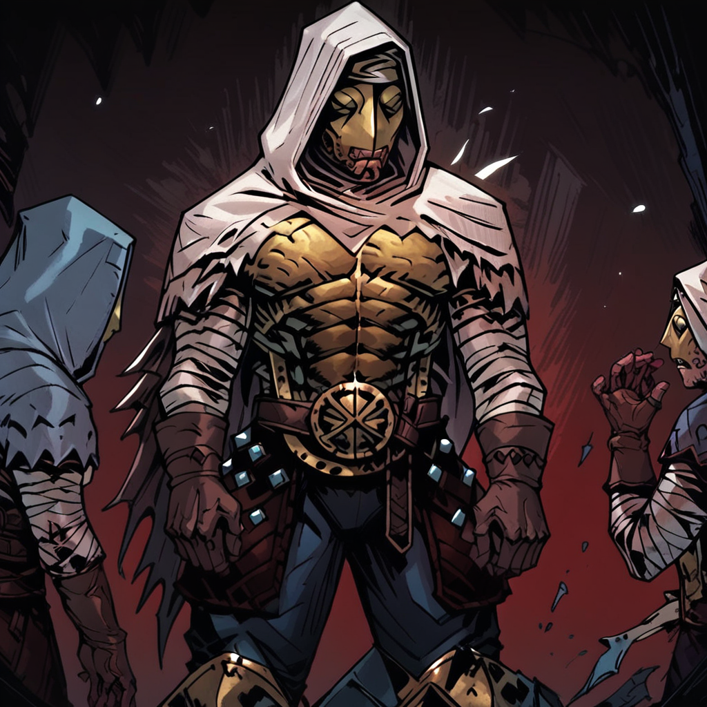score_9, score_8_up, score_7_up, masterpiece, best quality, newest, absurdres, highres, 1boy, DDLEP-V1.0, armor, mask, metal mask, golden mask, gloves, brown gloves, bandages, hood, hood up, abs