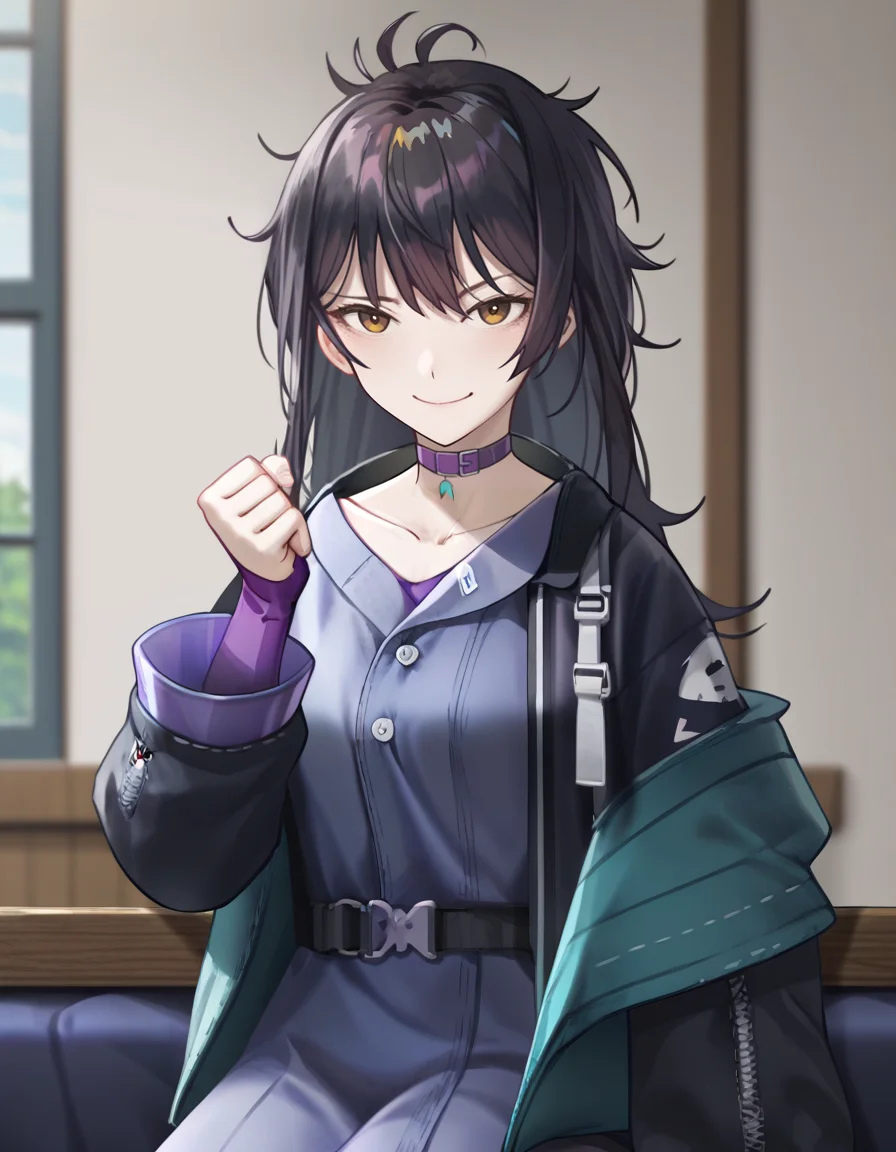 score_9,score_8_up,score_7_up,<lora:ruyueyiyu_pony3:0.9>,ruyueyiyu,1girl,solo,black hair,bangs,choker,long hair,collarbone,brown eyes,purple choker,messy hair,cowboy_shot,smile,sit,bed,looking_at_viewer,punching,closed mouth,<lora:Anime_Screencap:1>,anime screencap,