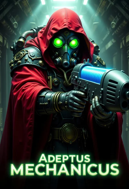 A movie poster featuring a close-up portrait shot of the figure of Mechanicus Warhammer 400000 in a scarlet robe emerging from the foggy and dark background. The character's face is covered by a dark mechanical mask resembling a respirator with two huge glowing green eyes. The mask's surface is metallic and covered with intricate mechanical details and mechanical components. The character's arms are replaced with mechanical arms. The character is aiming a plasma gun with both hands. The plasma gun hums with blue energy, the light reflecting off the character's metallic mask. The character's intricate robe is decorated with mechanical tubes and various mechanical components. The character is illuminated by the glow of his plasma gun and the glowing eyes of his mask. The background is foggy and dark. The title 'Adeptus Mechanicus' written at the bottom in metallic font with neon green glowing effect. aidmatextimprover