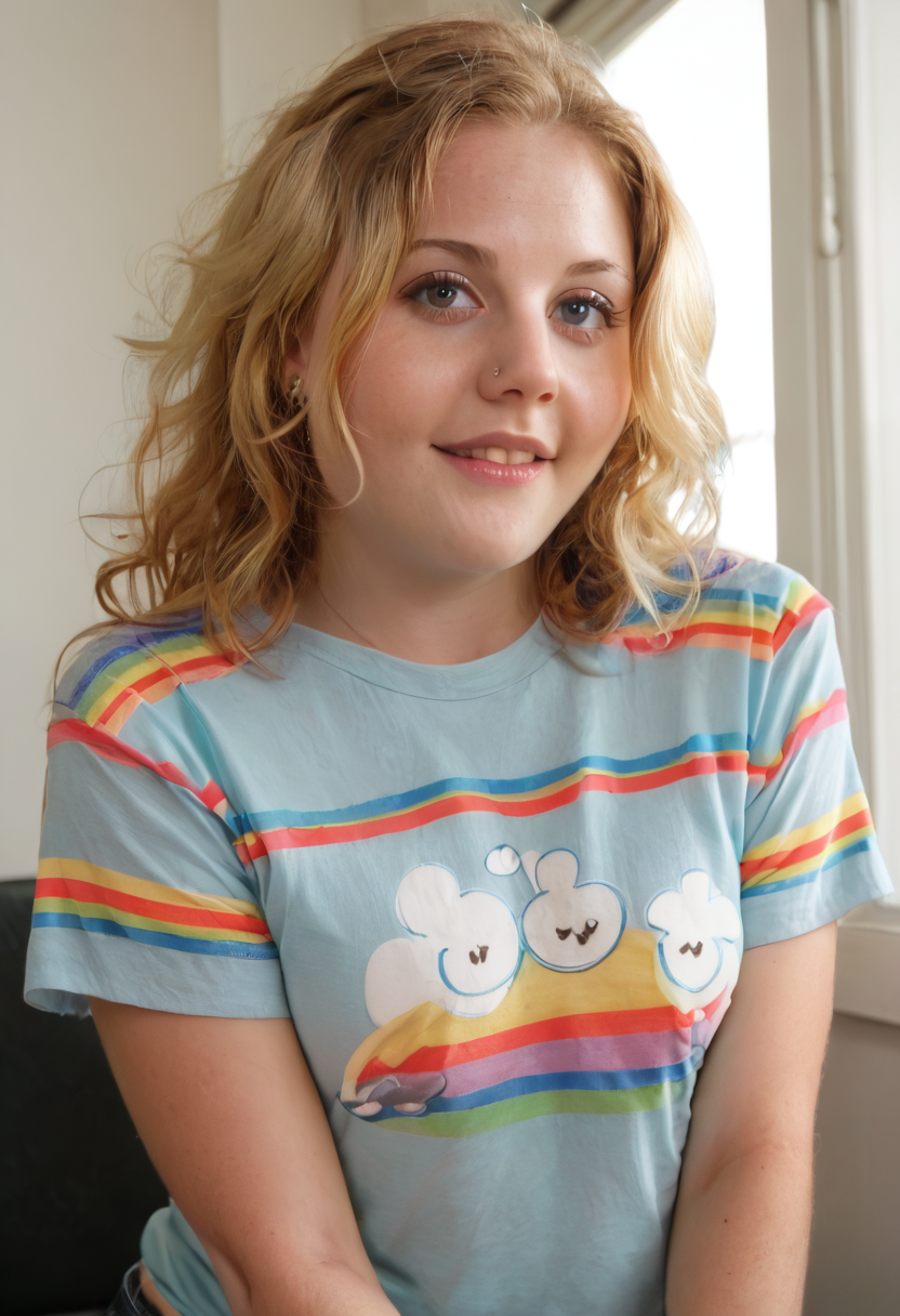 score_9, score_8_up, score_7_up,,ch3rryp0p,
perfect face, cute face,  indoors,
wearing a rainbow striped t-shirt
 <lora:Cherry_Poppens:1>