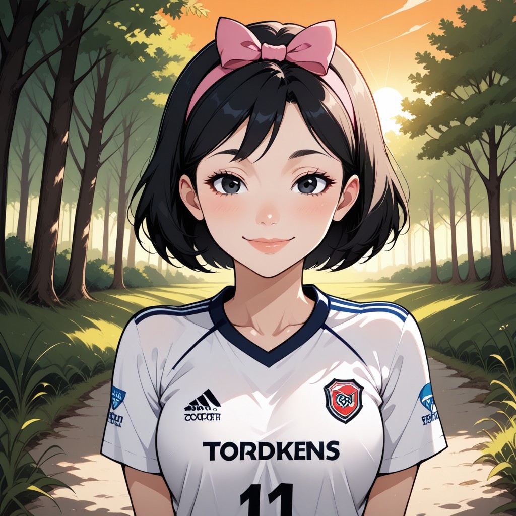 score_9, score_8, BREAK, solo, total drama, 1girl, short black hair, pink headband, pink head bow, black eyes, lips, RiverPlate, striped shirt, striped, shirt, white shirt, short sleeves, clothes writing, sportswear, soccer uniform, EllaTD, cute, sexy pose, self portrait, smile, looking at viewer, outdoors, sunlight, shadows, evening lighting, natural lighting, forest, trees, grass, orange sky, sunset