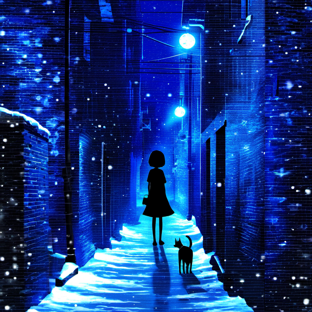 <lora:star_xl_v2:1>,
a woman and a dog are standing in a dark alley with a blue light shining on them and snow falling all around, 1girl, solo, short hair, dress, standing, outdoors, sky, cloud, star \(symbol\), animal, cat, scenery, fish, blue theme, black cat, power lines, utility pole, wide shot, The image portrays a serene and dreamlike urban setting at night. A narrow alleyway, bordered by old buildings, is illuminated by a soft blue glow, possibly from the moon or some other celestial body. The alley is adorned with floating star-like particles, giving it a magical ambiance. In the foreground, a silhouette of a girl stands with her back to the viewer, holding a dog by its leash. The girl appears to be gazing into the distance, possibly lost in thought. The overall mood of the image is contemplative and ethereal, with the blend of natural and urban elements creating a sense of wonder., serene, dreamlike, urban setting, narrow alleyway, old buildings, soft blue glow, star-like particles, girl, dog, silhouette, thought, wonder