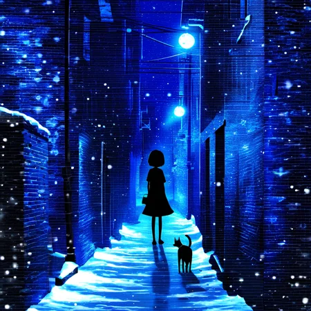 <lora:star_xl_v2:1>,
a woman and a dog are standing in a dark alley with a blue light shining on them and snow falling all around, 1girl, solo, short hair, dress, standing, outdoors, sky, cloud, star \(symbol\), animal, cat, scenery, fish, blue theme, black cat, power lines, utility pole, wide shot, The image portrays a serene and dreamlike urban setting at night. A narrow alleyway, bordered by old buildings, is illuminated by a soft blue glow, possibly from the moon or some other celestial body. The alley is adorned with floating star-like particles, giving it a magical ambiance. In the foreground, a silhouette of a girl stands with her back to the viewer, holding a dog by its leash. The girl appears to be gazing into the distance, possibly lost in thought. The overall mood of the image is contemplative and ethereal, with the blend of natural and urban elements creating a sense of wonder., serene, dreamlike, urban setting, narrow alleyway, old buildings, soft blue glow, star-like particles, girl, dog, silhouette, thought, wonder