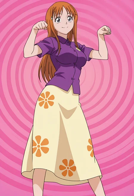 masterpiece, best quality, amazing quality, anime screencap, anime coloring, 1girl, solo, <lora:DX888Orihime:1> inoue orihime, grey eyes, orange hair, long hair,
hairclip, polo shirt, purple shirt, long skirt, floral print, BREAK simple background, spiral background, (simple background:1.2) BREAK (dynamic pose:1.2), smile, blsuh, paw pose, standing, legs apart, from below, from side,