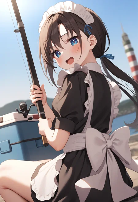 1girl,sincos, ningen mame, toosaka asagi,solo,medium breasts,20yo,maid,maid headdress,
fishing, fishing rod, sky, sitting, day, outdoors, holding fishing rod, cooler, ocean, fishing line,<lora:fishing_XL_v1:0.8>
from below, portrait, looking back, brown hair, golden eyes,blush, open mouth, low twintails hair,,
best quality, very aesthetic, absurdres