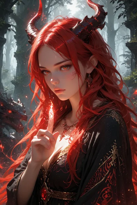 detailed background,Cinematic Lighting,film grain,score_9,score_8_up,score_7_up,masterpiece,best quality,highly detailed,
<lora:(增强)sdxl_lightning_8step_lora:1>,<lora:glowneon_xl_v1:1>,(glowing),<lora:hand 4:1>,hand person,<lora:Expressive_H:0.8>,Expressiveh,<lora:MythM4ngaStyle:0.6>,<lora:th3rm4lXLP:0.4>,th3rm4l,colorful,
zPDXL,solo,monster girl,very beautiful,wizard,black robe,red trim,long hair,horns,scales,blue and purple gradient skin,magic on finger,in the forest,fantasy,solo focus,epic,concept art,realistic,highly detailed,black and red theme,monochrome,greyscale,