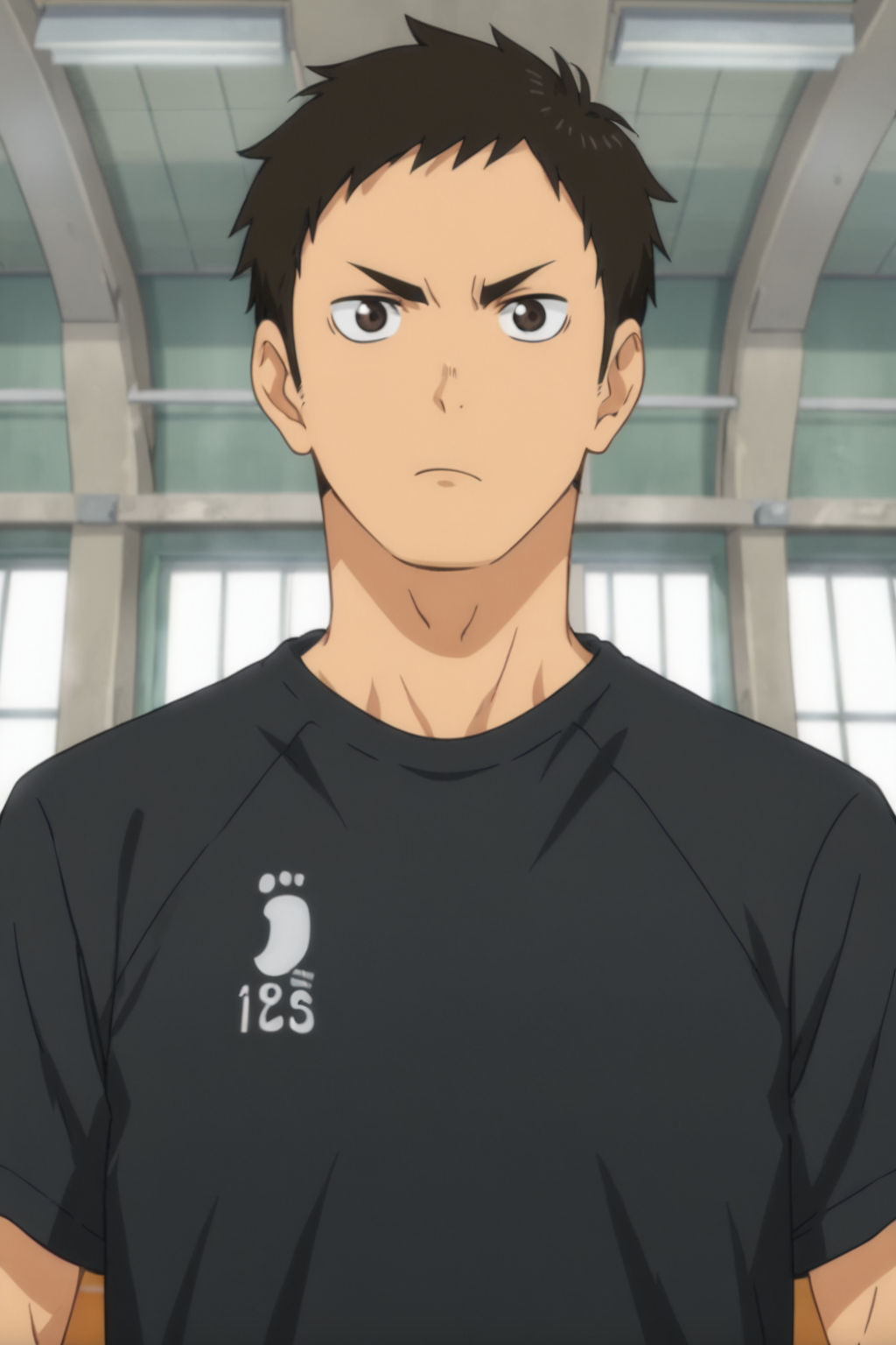 <lora:Daichi1s:0.8>, 1boy, solo, daichi, short hair, shirt, black shirt, sportswear, gym, serious, standing, from front, front view, upper body, looking at viewer, anime screencap,