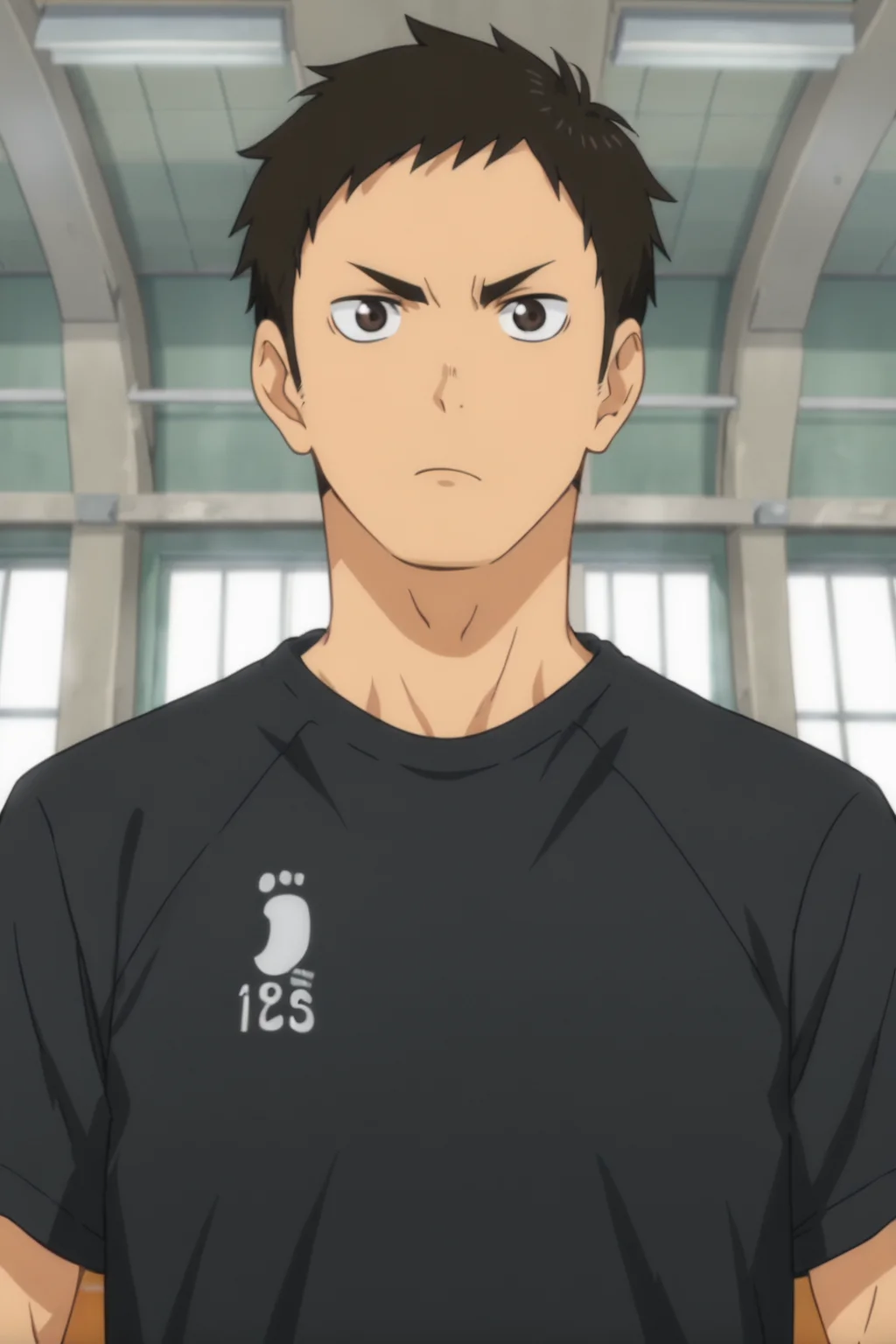 <lora:Daichi1s:0.8>, 1boy, solo, daichi, short hair, shirt, black shirt, sportswear, gym, serious, standing, from front, front view, upper body, looking at viewer, anime screencap,