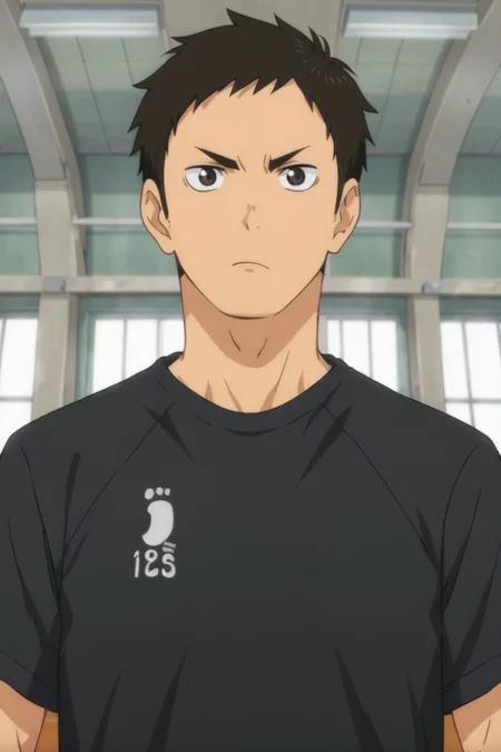 <lora:Daichi1s:0.8>, 1boy, solo, daichi, short hair, shirt, black shirt, sportswear, gym, serious, standing, from front, front view, upper body, looking at viewer, anime screencap,