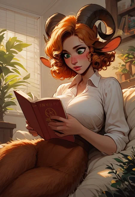 Sadia, masterpiece, score_9, score_8_up, highly detailed, warm afternoon lighting interior, cozy living room, potted plants, messy living room, laying on her stomach, legs kicked up behind her, reading a book eagerly, (expression of fascination:0.7), glint in her eyes, cute satyr girl, curvy, small waist, large breasts, golden auburn hair, short curly hair, (green eyes), curled horns, (freckles:1.2), goat ears, close up, face focus, white collared shirt, dynamic lighting,