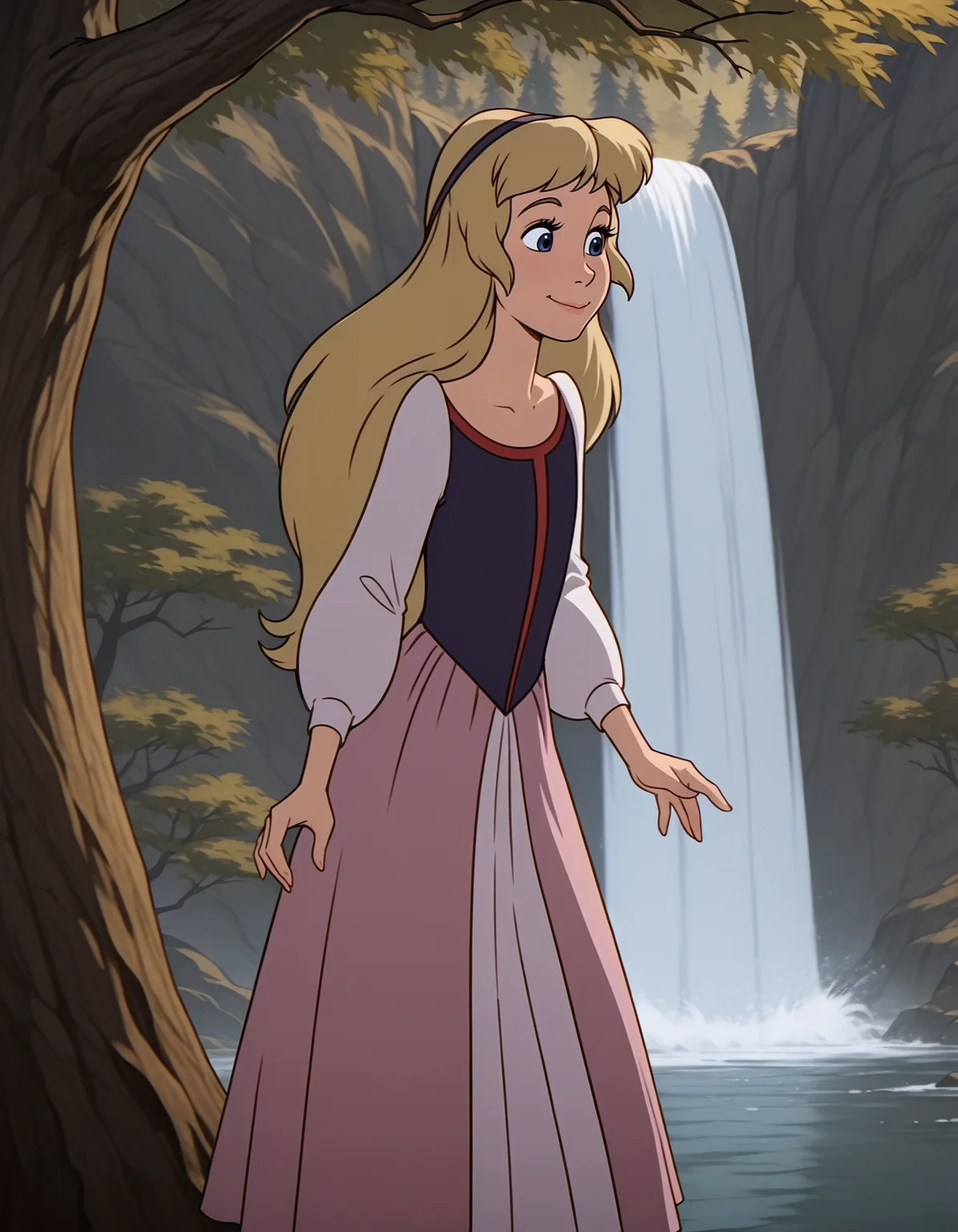<lora:eilonwy-illustrious-000020:1> eilonwy, dress, hairband, 1girl, solo, smile, tree, waterfall, masterpiece, best quality