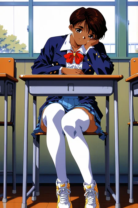 masterpiece, best quality, amazing quality, absurdres, solo, tohno mizuki, smile, sitting, chair, school desk, closed mouth, head on hand, elbow rest, looking at viewer, short brown hair, brown eyes, dark skin, school uniform, blue blazer, white shirt, blue striped skirt, pleated skirt, white thighhighs, white sneakers, indoors, classroom, window