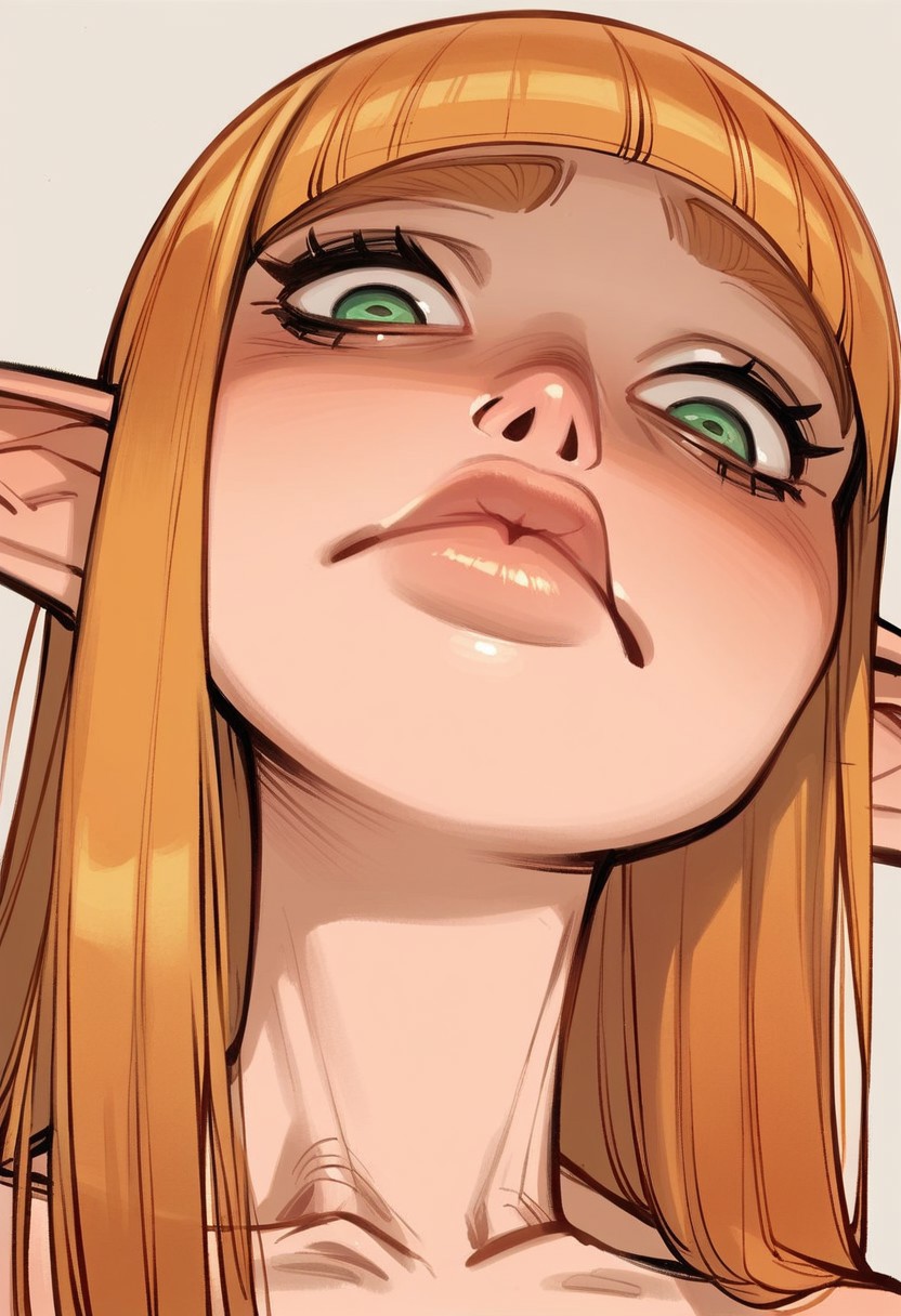 (Front angle:1.3), high detail, perfect face, very close-up, 1girl, long hair, ginger hair, (Hime cut hairstyle:1.3), light skinned female, (Elf:1.3), pouting expression, green eyes, head tilted, plump lips, (up close shot of face, portrait:1.6), closed mouth 
BREAK
score_9, score_8_up, score_7_up, score_6_up, source_cartoon, rating_explicit