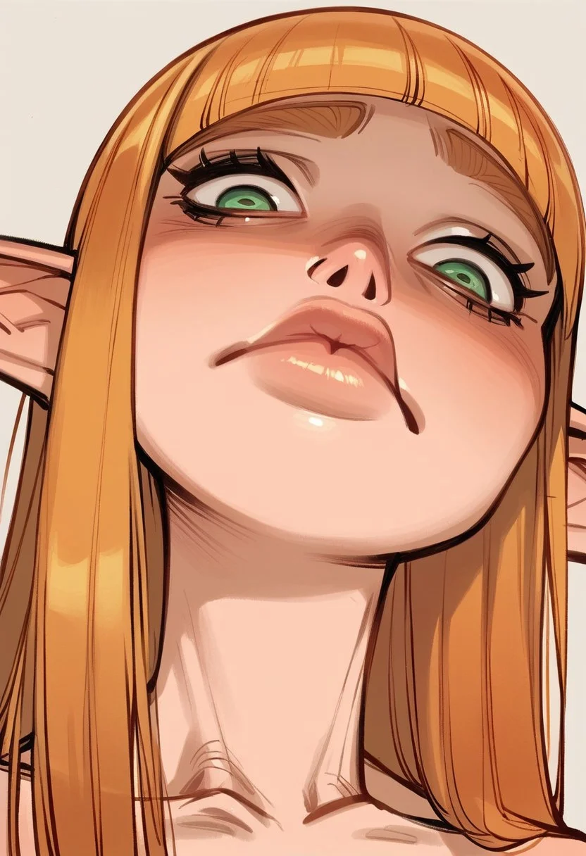 (Front angle:1.3), high detail, perfect face, very close-up, 1girl, long hair, ginger hair, (Hime cut hairstyle:1.3), light skinned female, (Elf:1.3), pouting expression, green eyes, head tilted, plump lips, (up close shot of face, portrait:1.6), closed mouth
BREAK
score_9, score_8_up, score_7_up, score_6_up, source_cartoon, rating_explicit